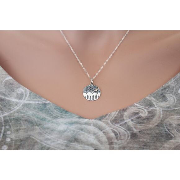 Sterling Silver Mountain Charm with Trees and Bronze Moon Necklace - Picture 4 of 7